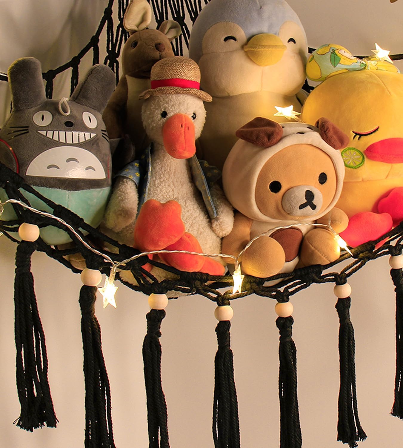 Detalle 2 de Stuffed Animal Toy Storage Hammock with LED Light – Macrame Jumbo Corner Organizer