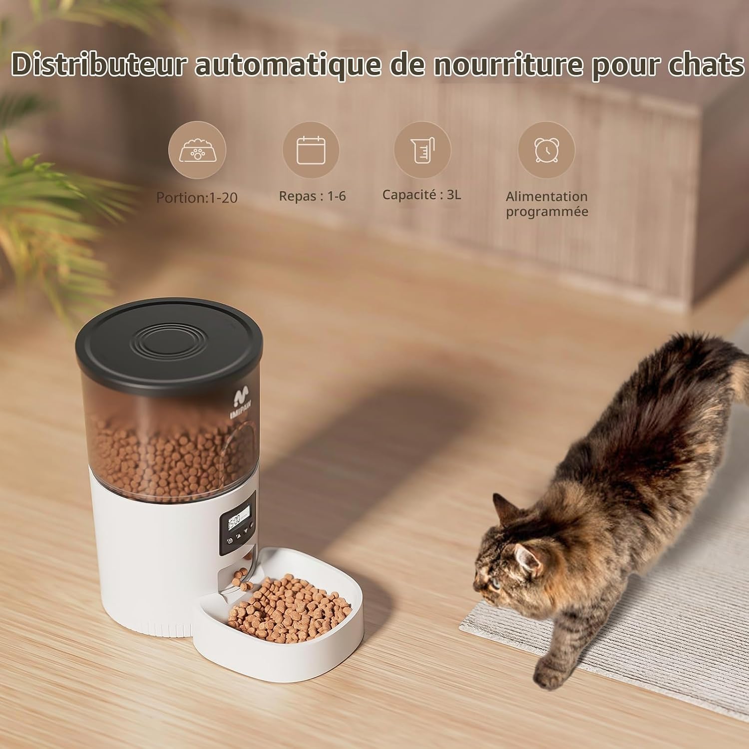 Detalle de IMIPAW automatische droogvoer- en waterdispenser voor katten, programmeerbaar, 3 liter