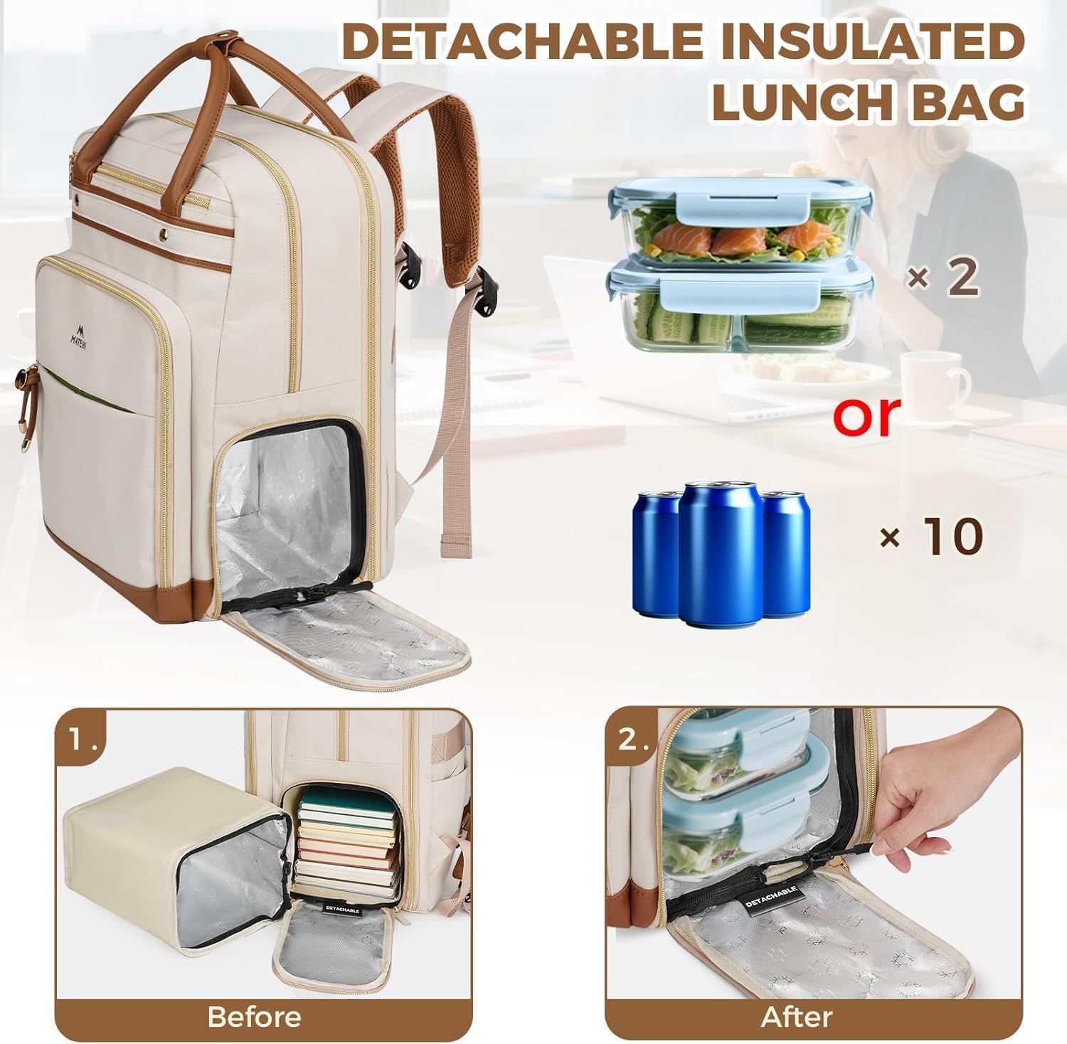 Detalle de MATEIN Laptop-Rucksack Damen 15,6 Zoll (2-in-1) mit abnehmbarem Kühlfach, USB-Ladeanschluss und A5-Dokumentenmappe – Beige