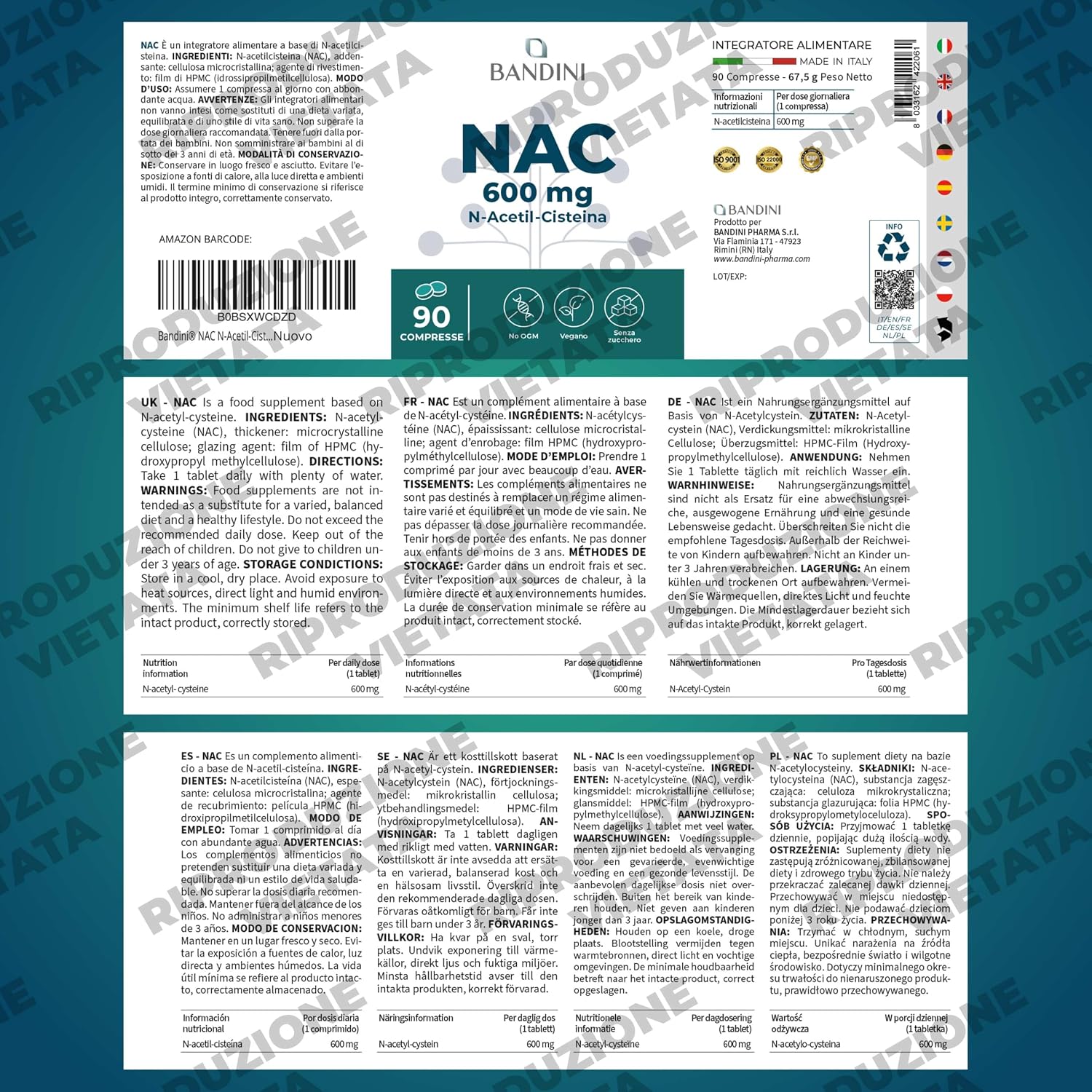 Detalle 1 de Bandini NAC N-Acetyl-Cysteïne 600 mg tabletten, 90 stuks, veganistisch