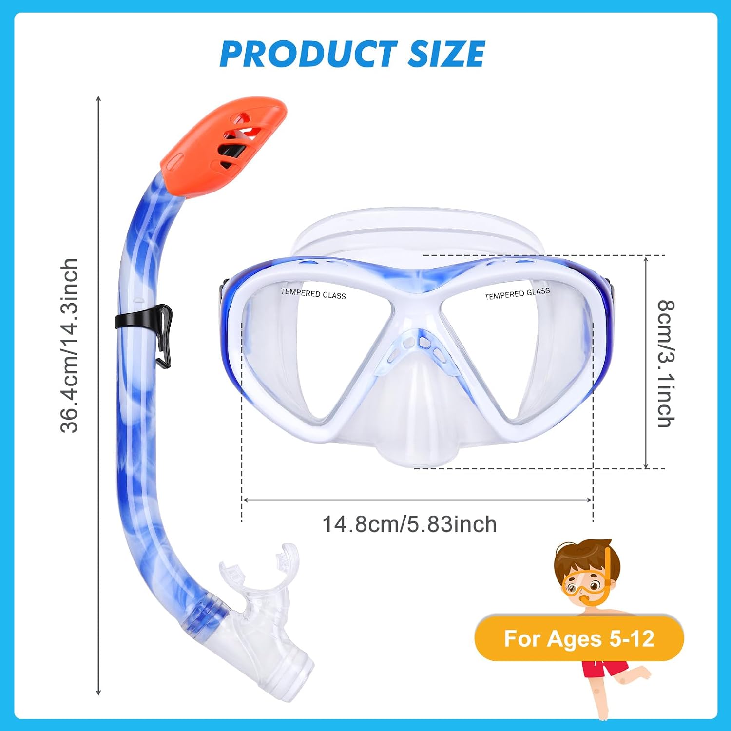 Detalle 2 de KUYOU Kids Snorkel Set Dry Top with 180° Panoramic Mask for Ages 5–12