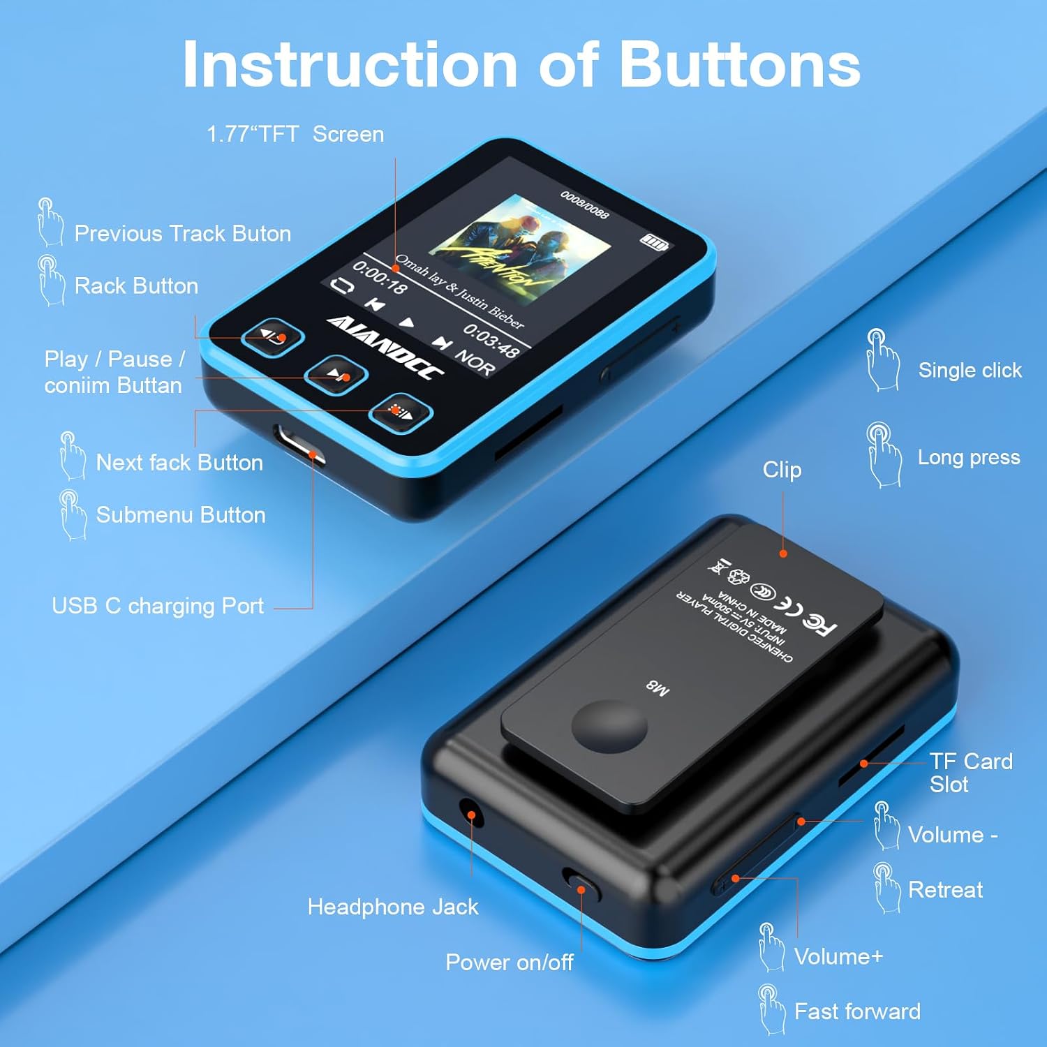 Thumbnail 5 de Aiandcc M8 MP3-speler met Bluetooth 5.3, sportclip en 32 GB opslag