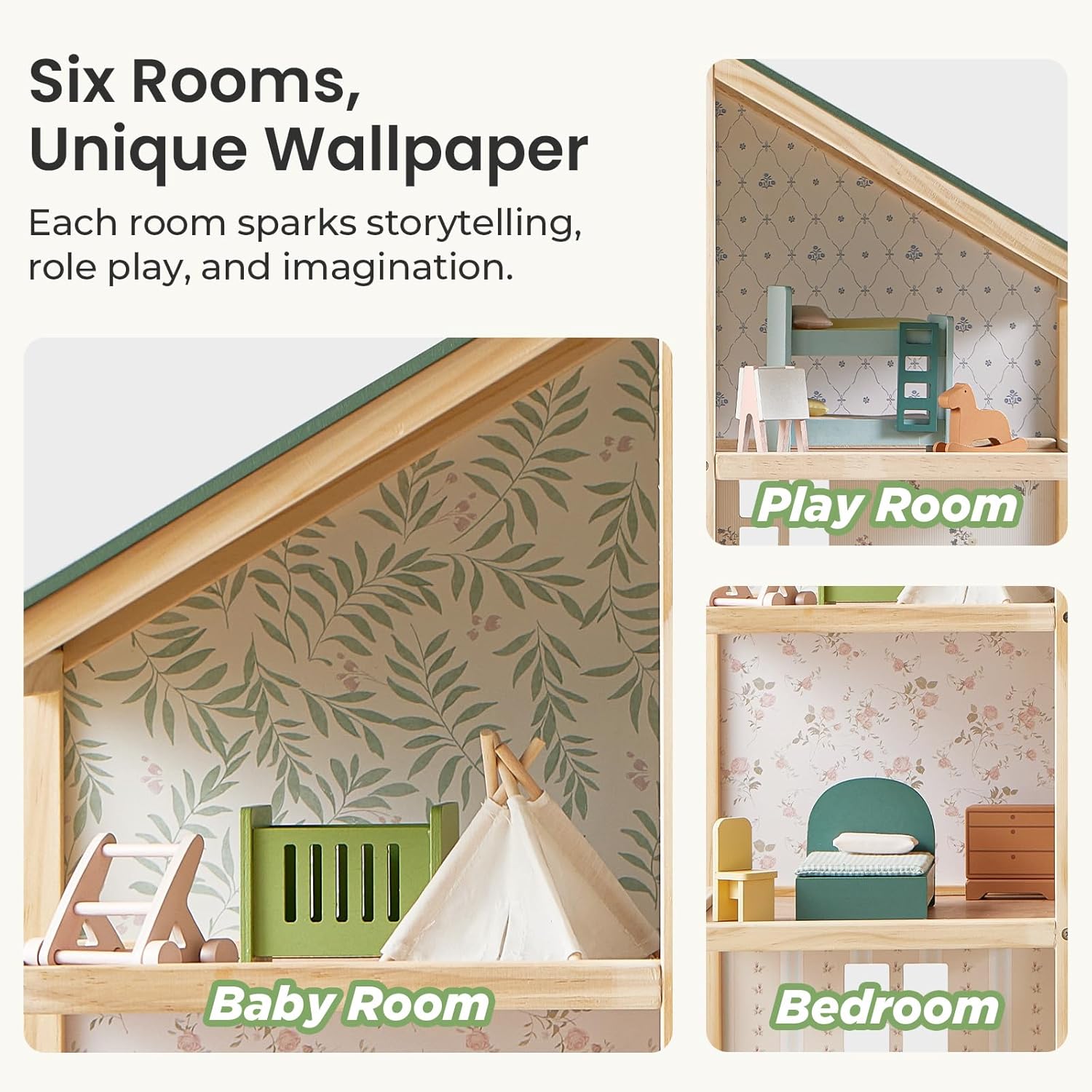 Detalle de Tiny Land Wooden Dollhouse for Girls – 6 Rooms, 31-Piece Furniture Set, Green