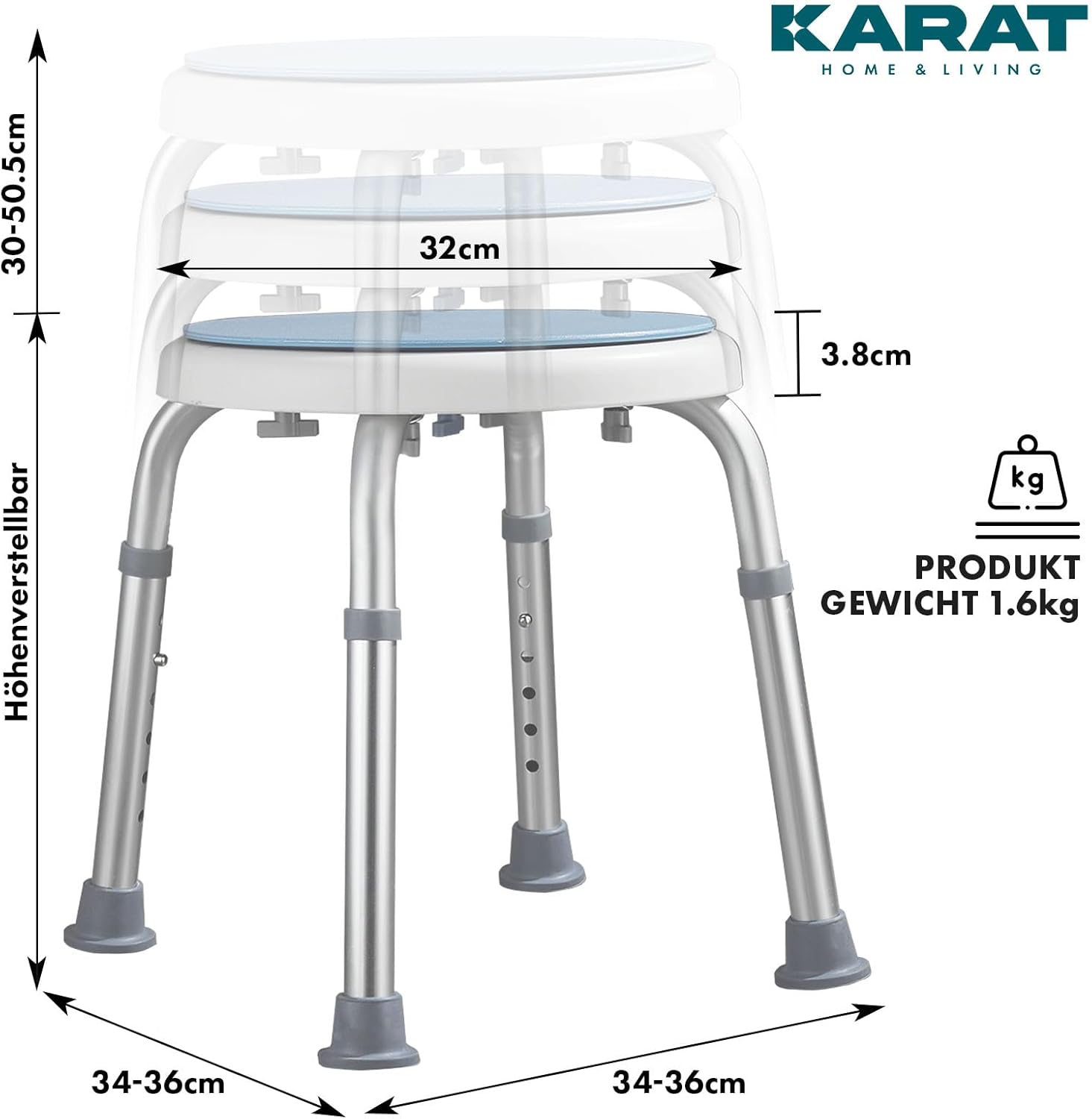 Thumbnail 1 de KARAT Duschhocker mit 360° Drehung, höhenverstellbar und rutschhemmenden Gummifüßen (bis 150 kg)