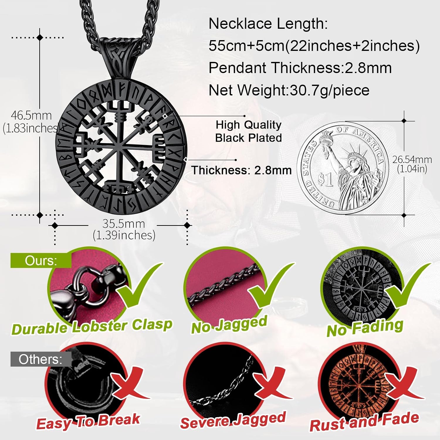 Thumbnail 4 de FaithHeart Collana Vichinga Runica Bussola 35,5 mm