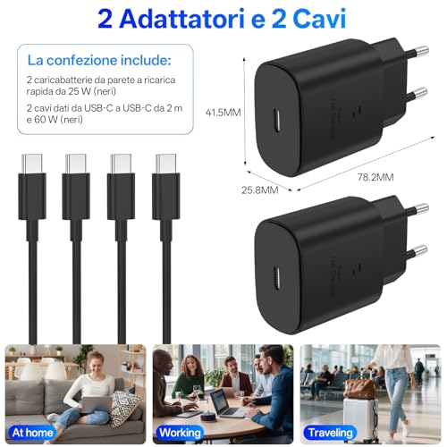 Thumbnail 6 de BSTOEM Caricabatterie USB-C da 25 W (2 pezzi) + 2 cavi USB-C da 2 m per Samsung Galaxy