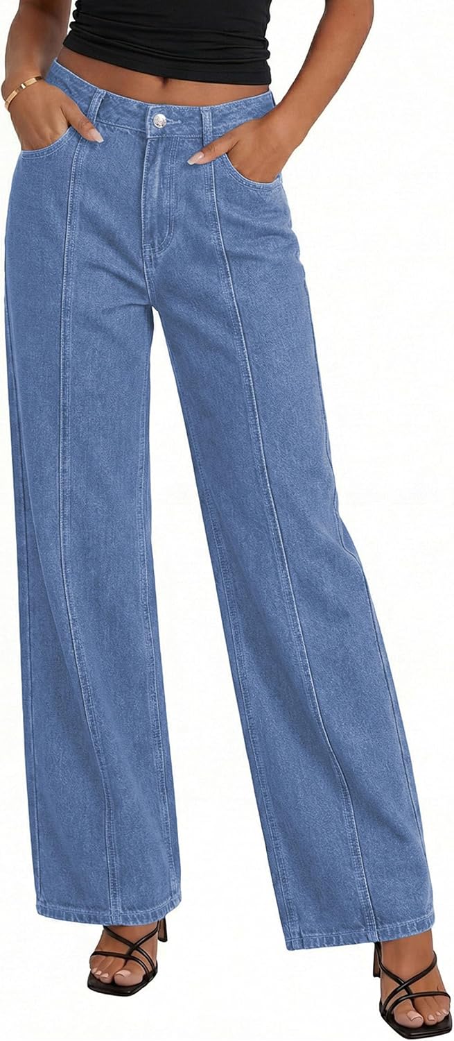 Detalle de PRETTYGARDEN Wide-Leg Jeans for Women, Stretch Denim, High-Rise, Seamed Front