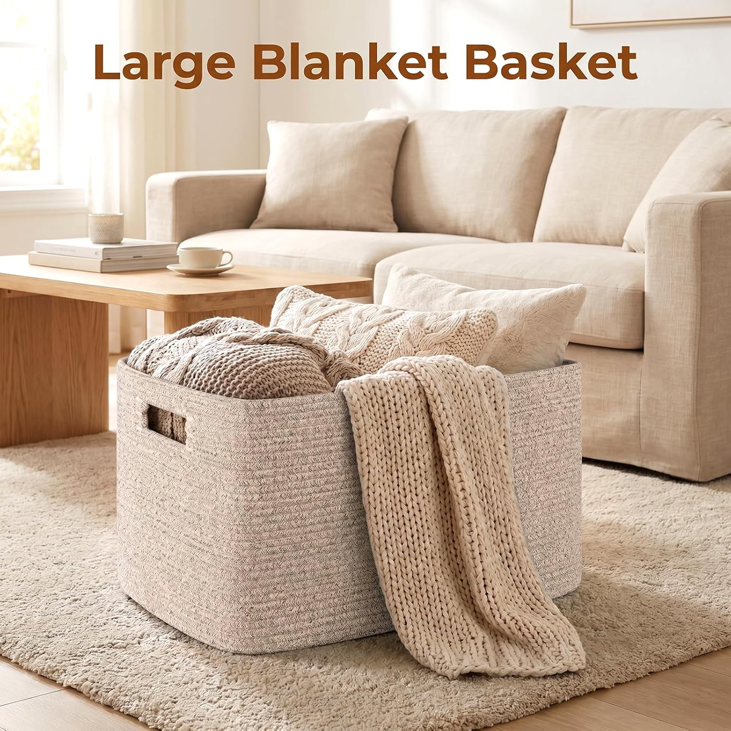 Thumbnail 1 de OIAHOMY 75L Large Woven Cotton Rope Storage Basket (22”x17”x12”) with Handle for Blankets, Toys & More