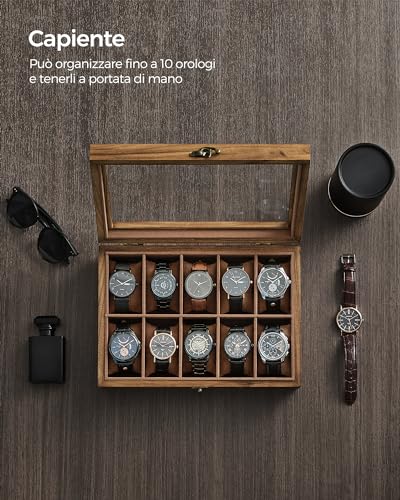 Detalle de SONGMICS Scatola per Orologi JOW100K01: portaorologi in legno con coperchio in vetro, 10 scomparti