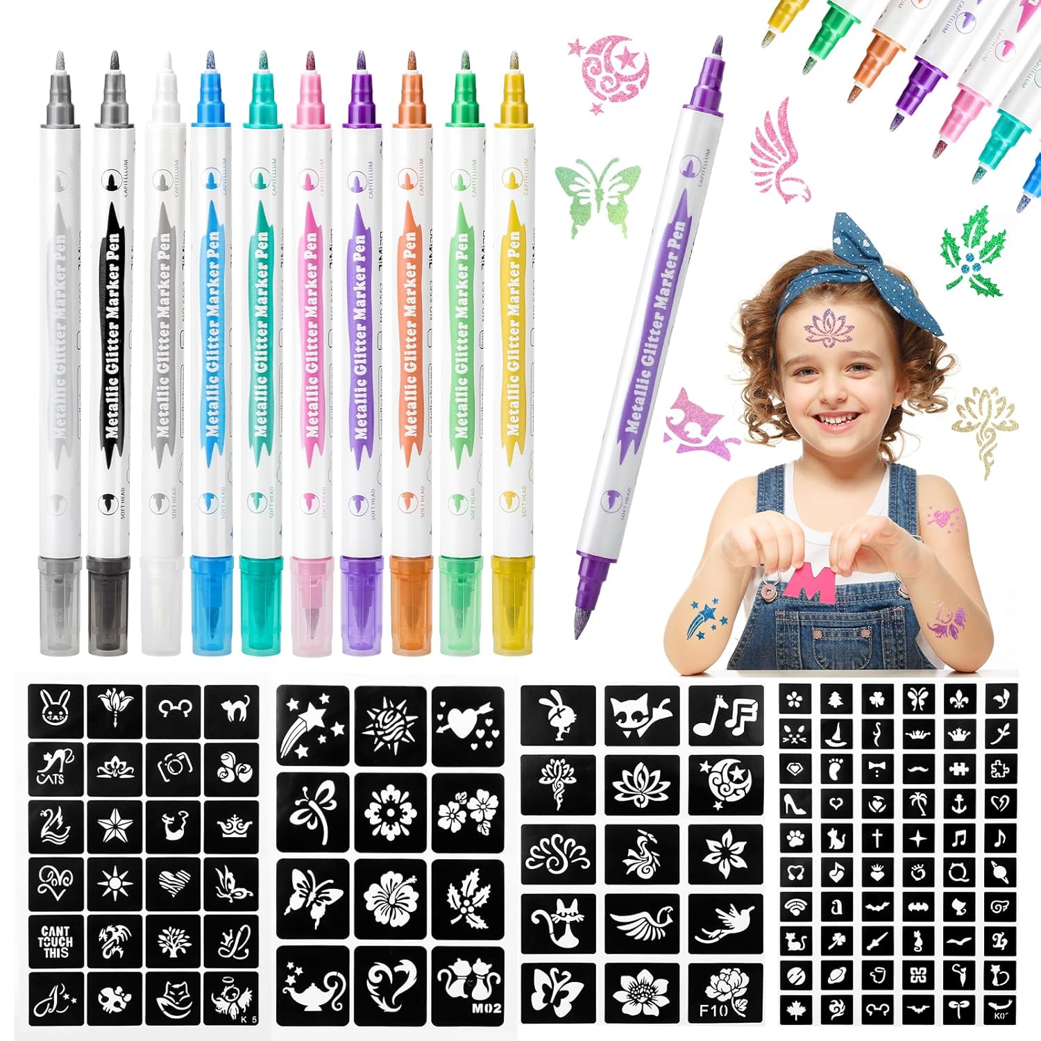 Tattoo Kinderstifte und Schablonen-Set mit 10 Tattoo-Stiften und 111 Mustern