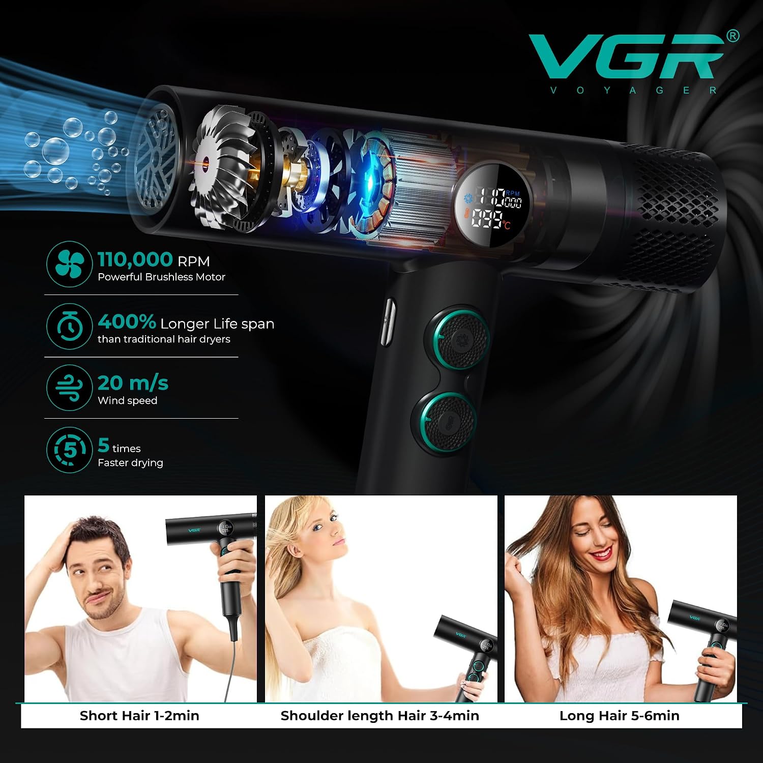 Detalle de VGR Professional Hair Dryer with Diffuser for Curly Hair – 1900W, Brushless Motor, Low Noise