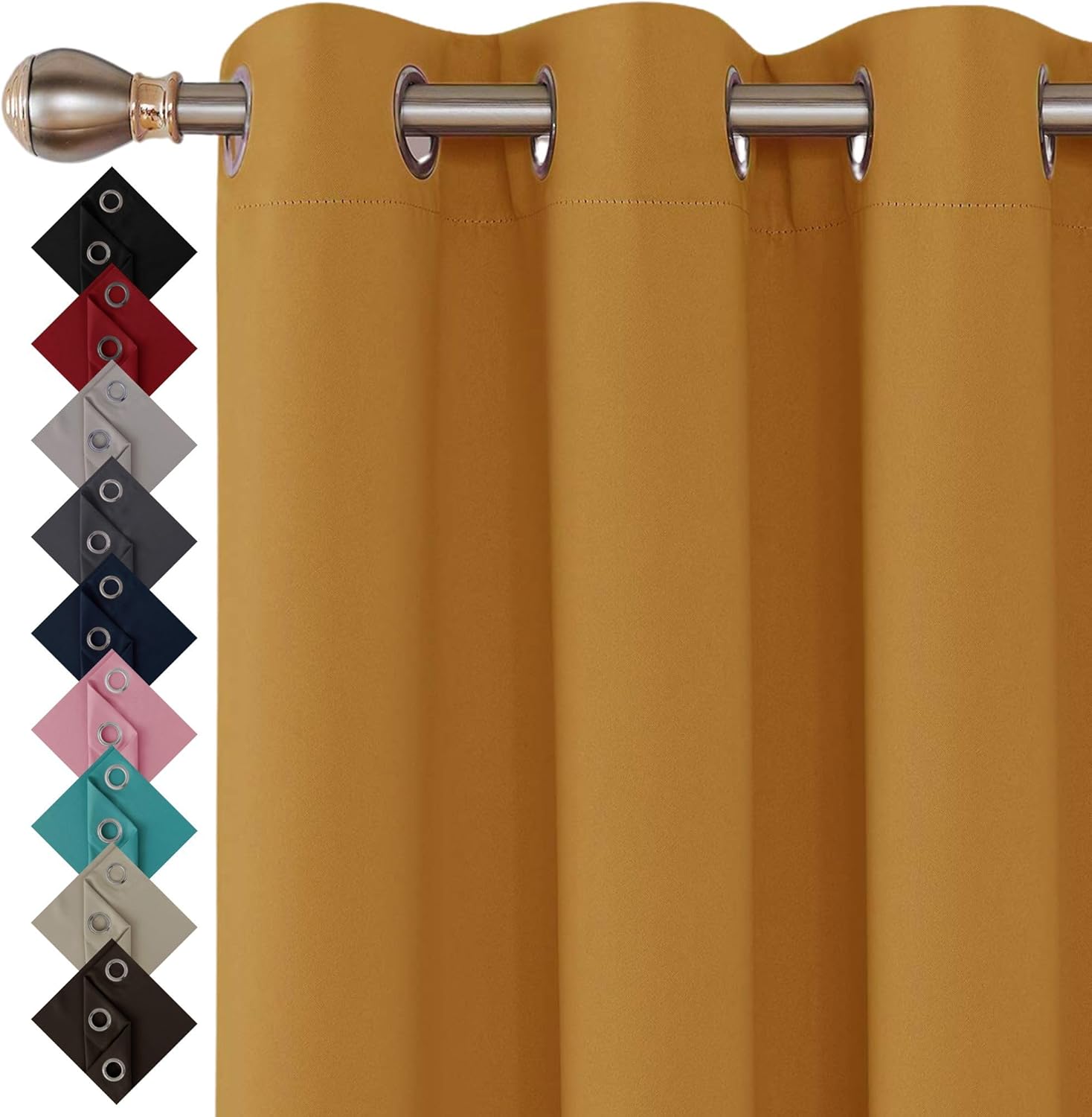 Detalle de Thermal Insulated Blackout Ring Top Eyelet Curtains for Bedroom Windows – Ochre, 90 x 54 (2 Panels)