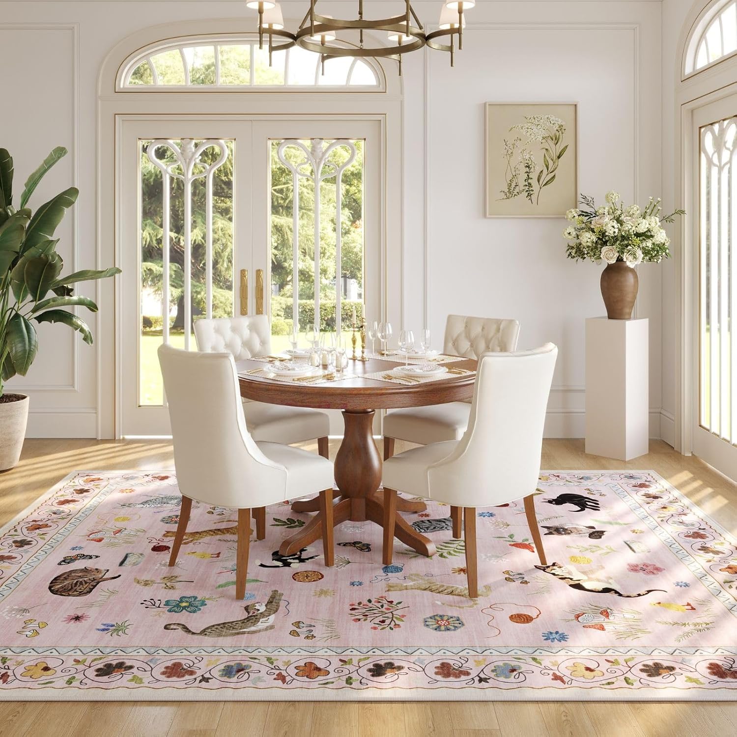 Thumbnail 3 de Rugcomf Boho Floral Animal Living Room Rug, 5x7 Machine Washable Low Pile (Pink)