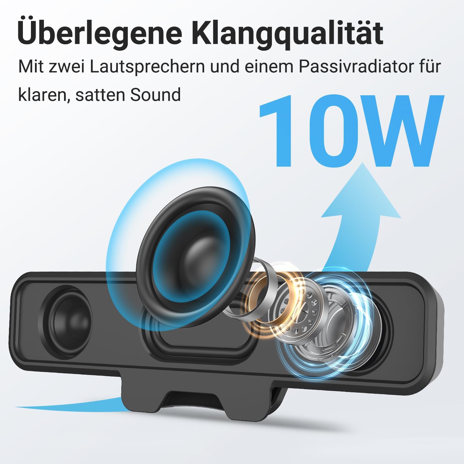 Detalle de Inwa PC-Lautsprecher USB A/C mit Monitor-Klemme (10 W) – Plug-and-Play für Schreibtisch, Lernen & Meetings