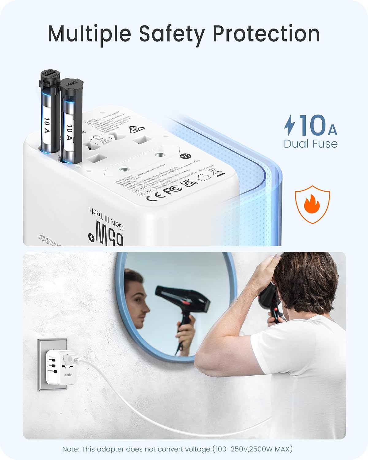 Thumbnail 6 de LENCENT Universeller Reiseadapter GaN III 65W – 65W PD Schnellladung mit 2 USB-A & 3 Typ-C für weltweite Reisen
