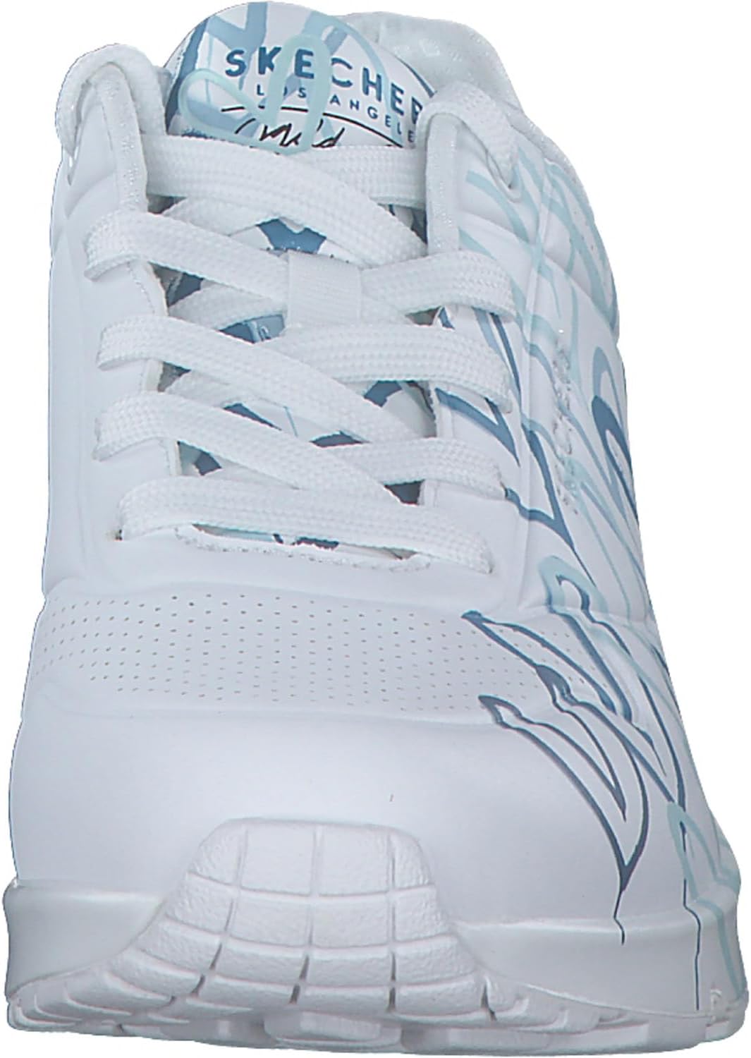 Detalle de Skechers Damen UNO Spread the Love Trainer – White Duraleather, Blue Heart Print Trim, Größe 39 EU