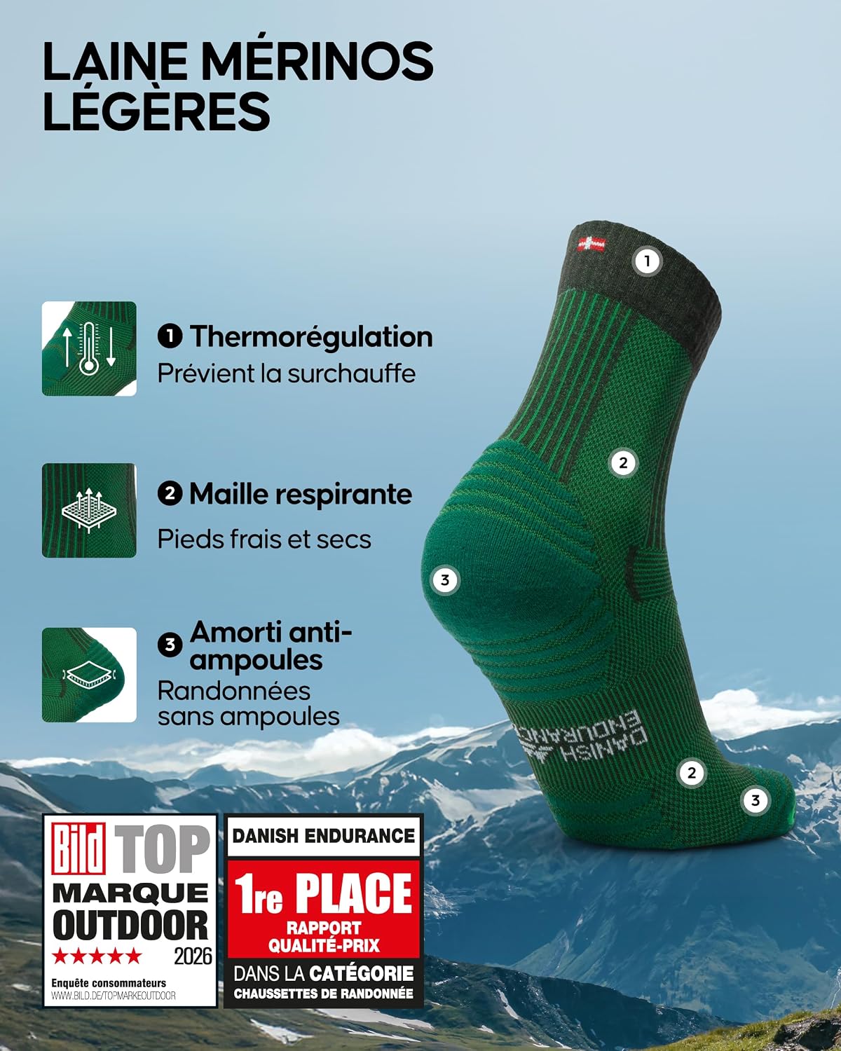 Detalle de DANISH ENDURANCE Chaussettes de randonnée en laine mérinos chaudes avec rembourrage léger (3 ou 5 paires) unisexes
