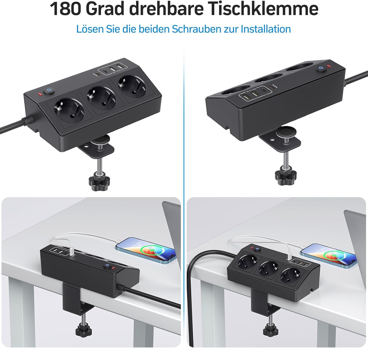 Detalle de STGAROT Tischsteckdose mit USB-C PD 20W – 3-fach Mehrfachsteckdose mit USB und Klemmvorrichtung