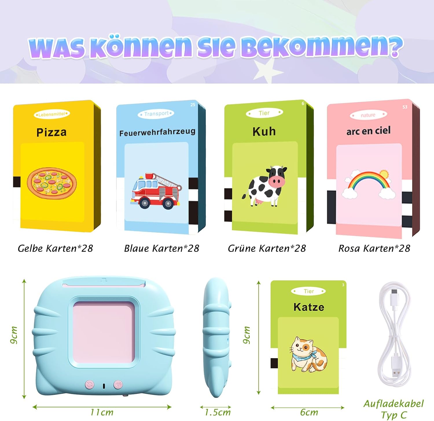 Thumbnail 5 de GUYUCOM Lernspielzeug für Kinder von 1 bis 6 Jahren – 112 doppelseitige Lernkarten mit 224 Wörtern, hörbar und wiederaufladbar (Blau)