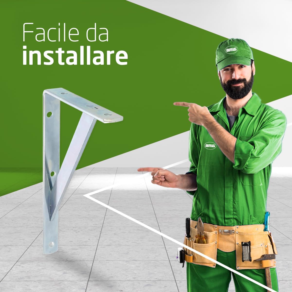 Detalle de Amig Staffa mensola - Supporto scaffale angolare in acciaio, 320 kg, 200x125 mm, argento