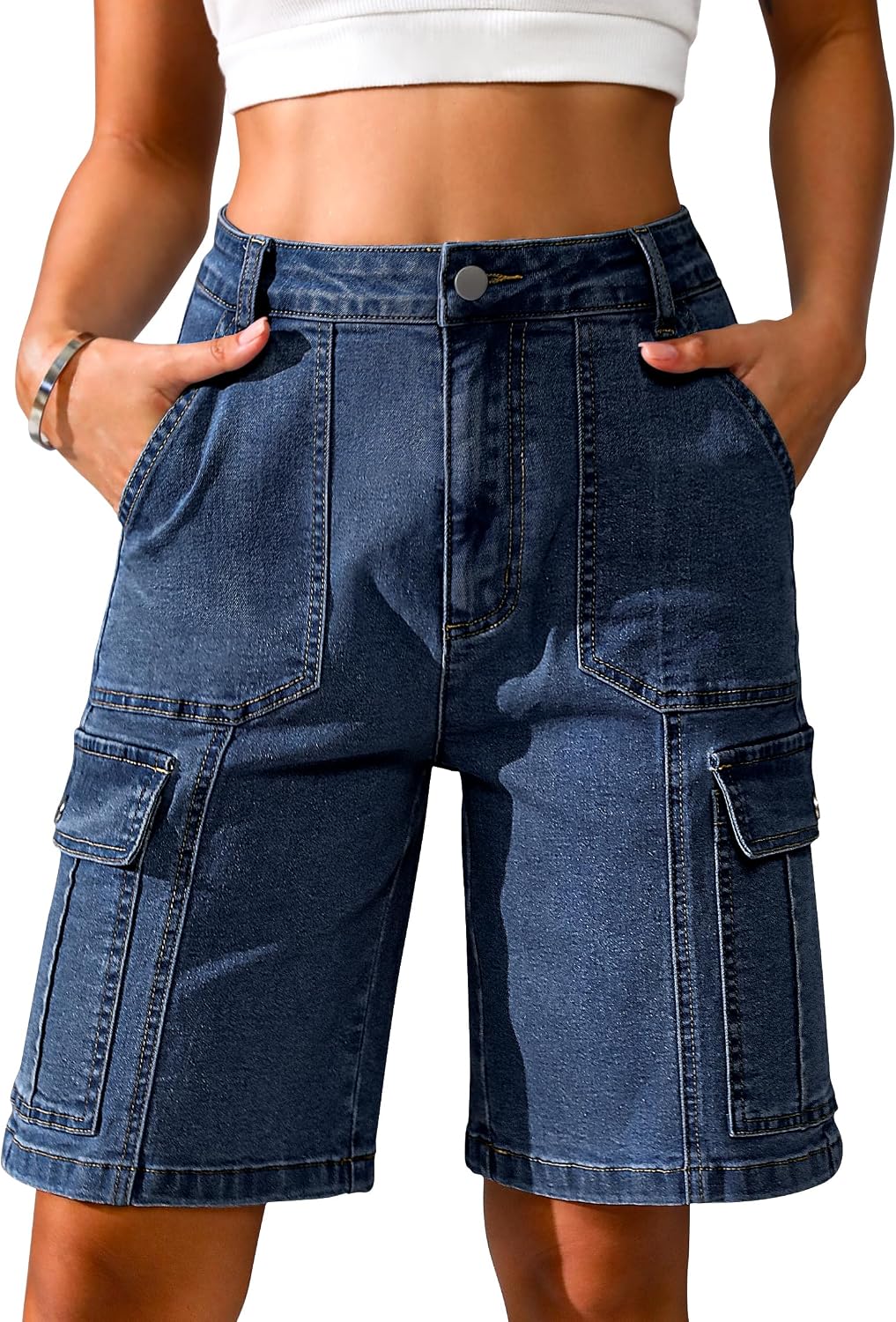 Thumbnail 6 de Eddoyee Bermuda Cargo Shorts for Women – High-W rise, Stretchy, 6 Pockets, Knee-Length