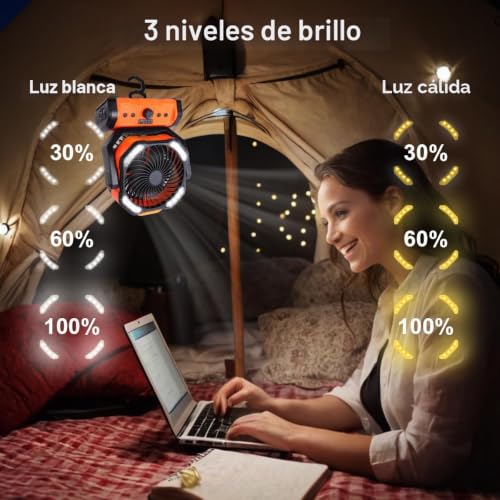 Detalle de ELZO Camping Ventilador 20000mAh: ventilación portátil con luz, mando y gancho para exterior