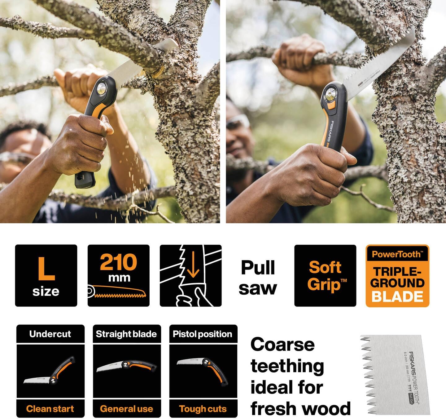 Detalle de Fiskars Plus Klappsäge SW69 21 cm – Vielseitige Klappsäge für dicke Stämme und Äste