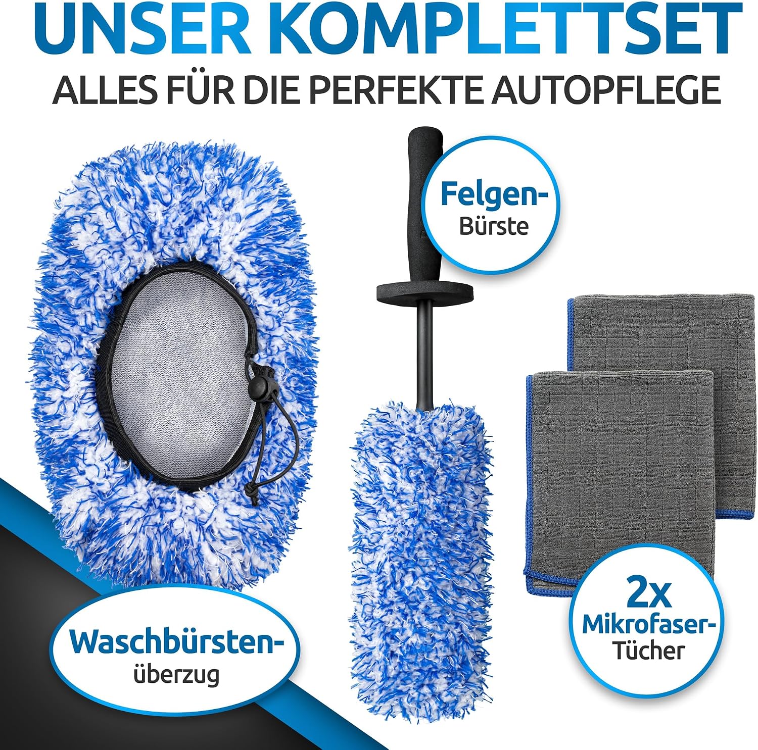 Detalle de ROADZ Premium 3in1 Autoreinigungsset – Waschbürsten-Überzug, Felgenbürste und Mikrofasertücher