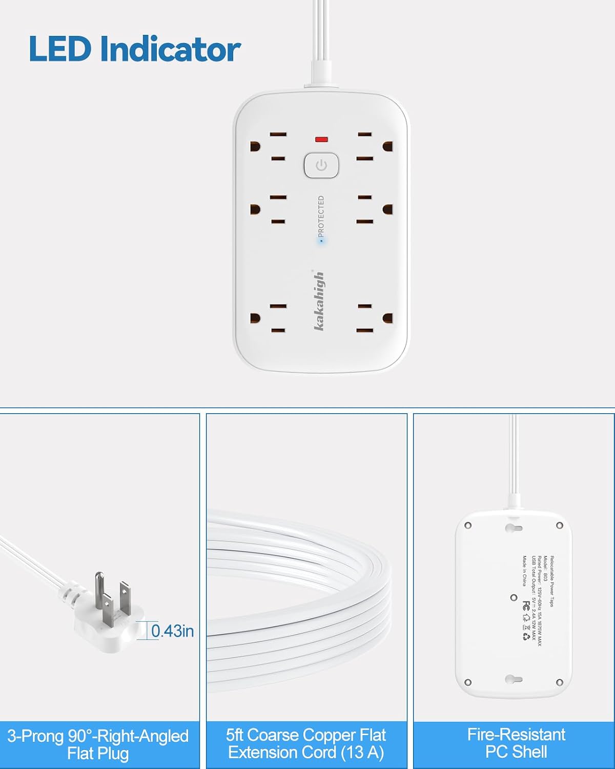 Detalle 2 de kakahigh 803 Flat Extension Cord with Outlet Cover, 12 Outlets and 6 USB Ports
