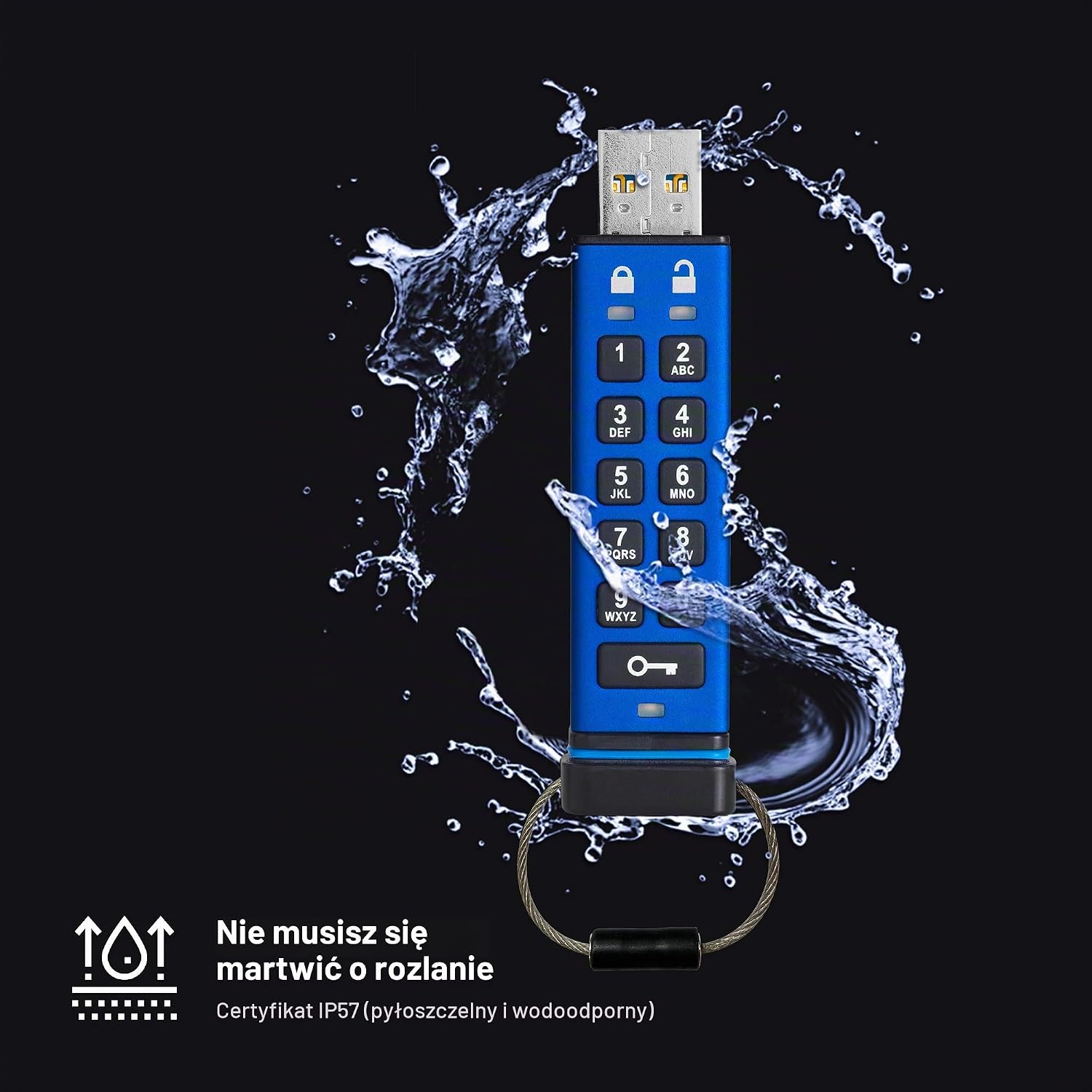 Detalle de iStorage datAshur PRO 64 GB – szyfrowana pamięć USB z PIN-em, AES-XTS 256-bit i IP57