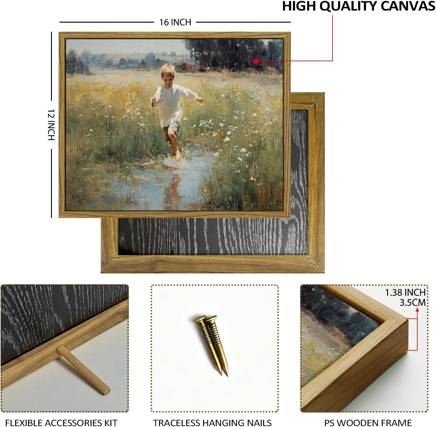 Thumbnail 2 de Vintage Framed Wall Art: Running Boy in a Meadow (12x16)