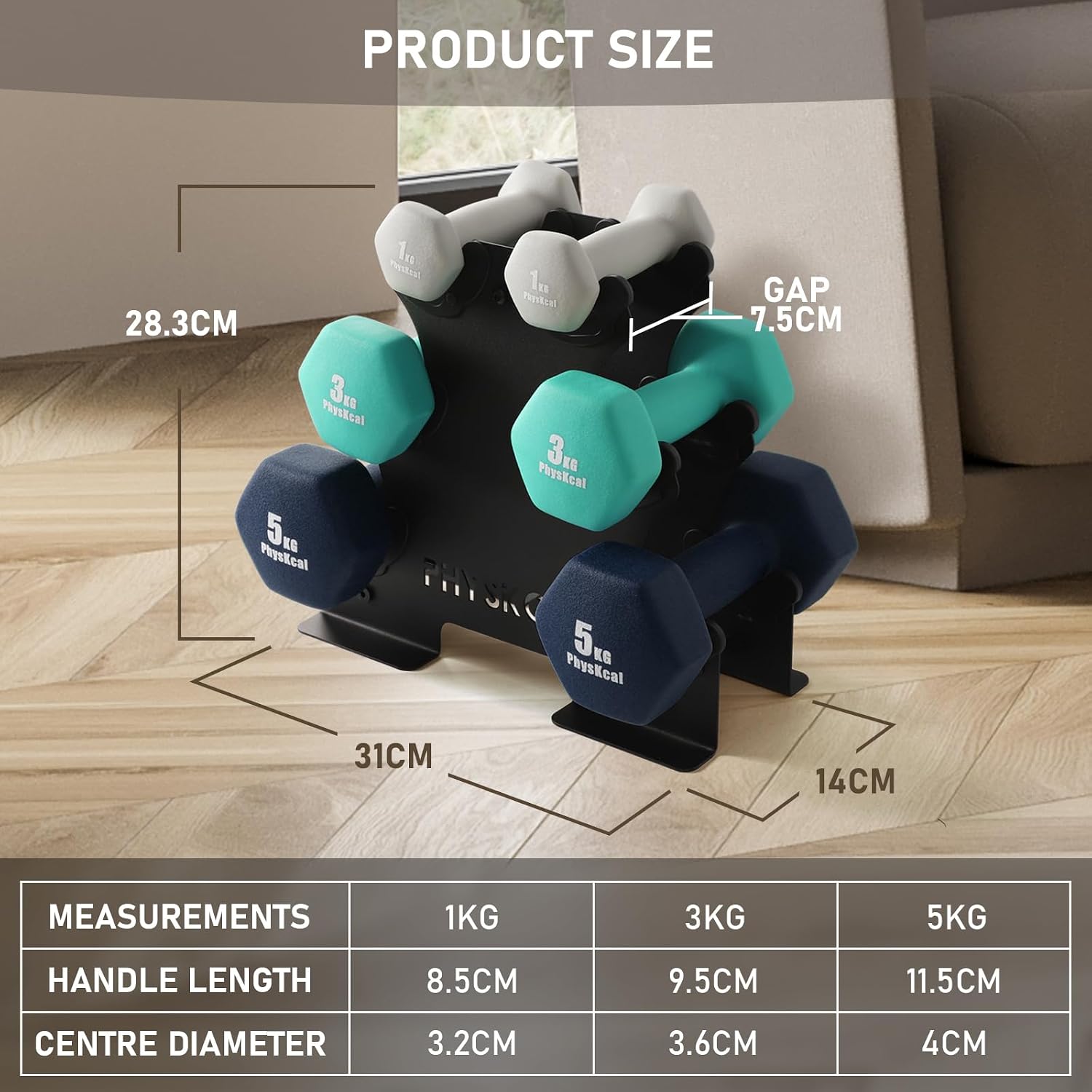 Detalle de PhysKcal Kurzhantel-Set (18 kg) mit Aufbewahrungsständer für Heimtraining
