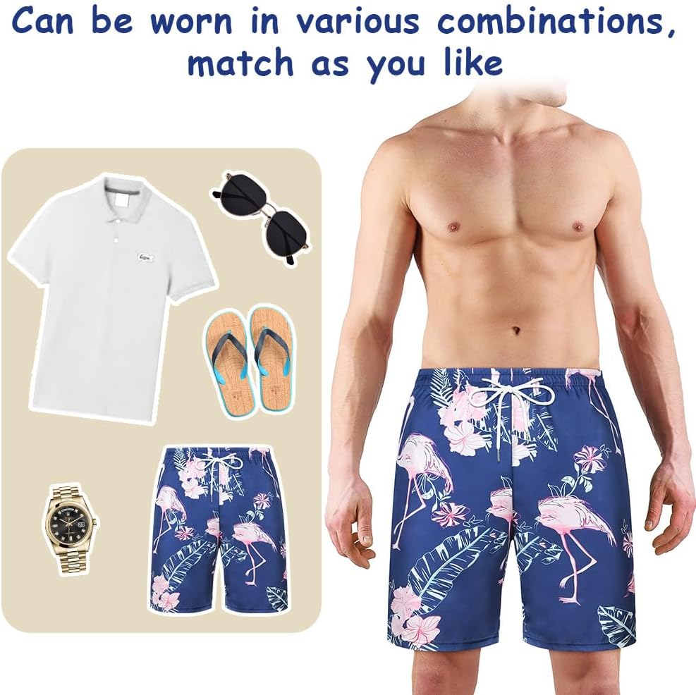 Detalle 2 de Aomig Uomo Hawaiani pantaloncini da bagno vintage con stampa hawaiana, slip/boxer da mare estivi con taschino (Blu, M-XL)