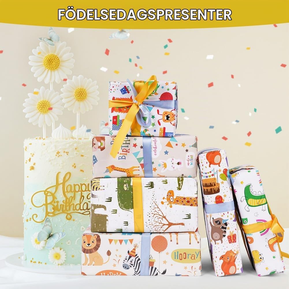 Detalle de OFFCUP presentpapper med djurmotiv, 6 ark à 50 × 70 cm och 2 bandbuntar