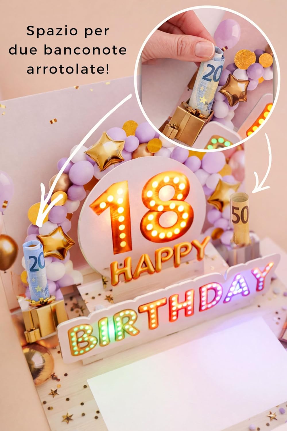 Detalle de Joli Coon Biglietto auguri 18 anni ragazza – biglietto pop-up 3D con musica e luce, busta e sigillo