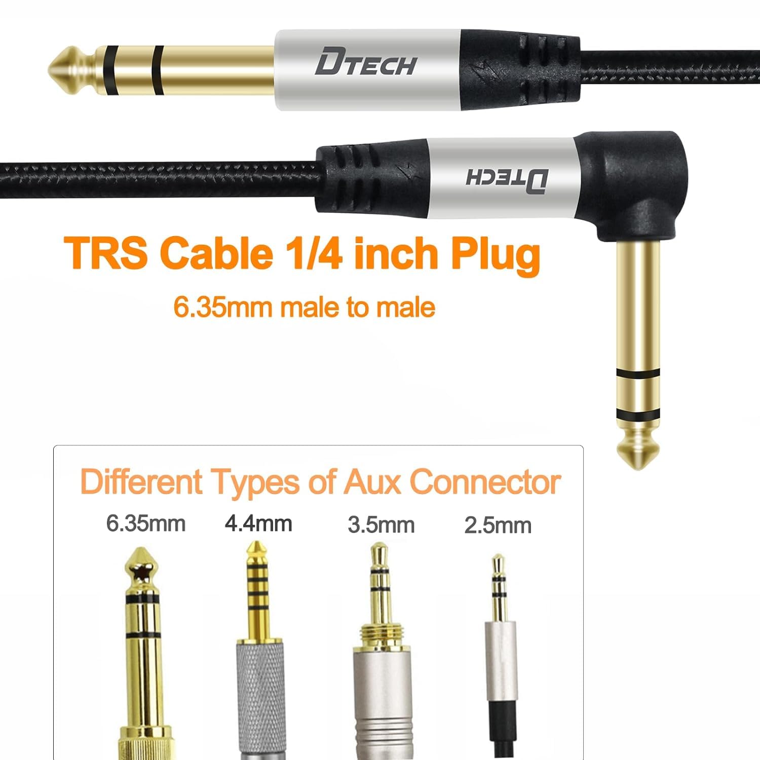 Detalle 2 de DTECH KJ-2964-1.5M 1/4" TRS Instrument Cable, Right-Angle to Straight, Braided