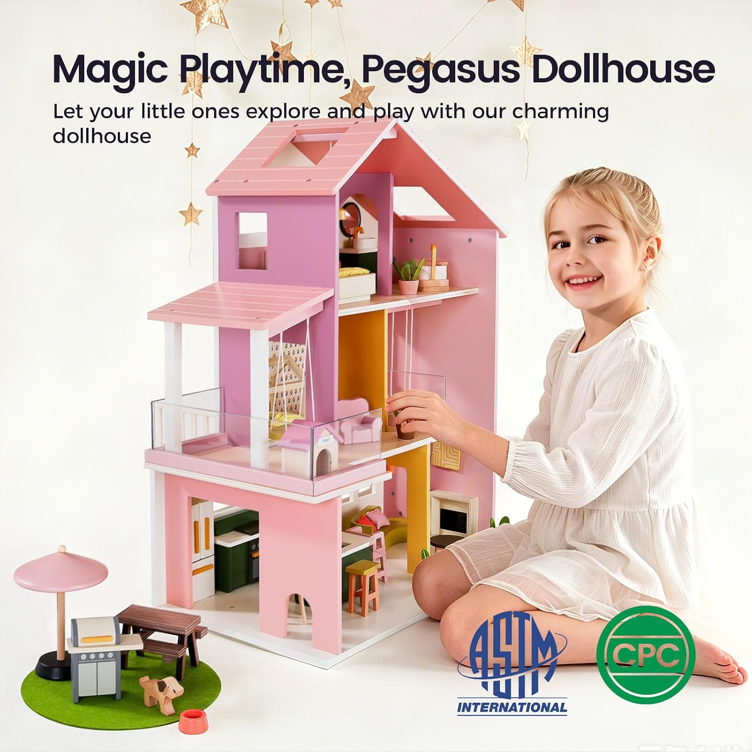Detalle de Tiny Land Wooden Doll House: Modern Pink 7-Room Family Home with 49 Accessories