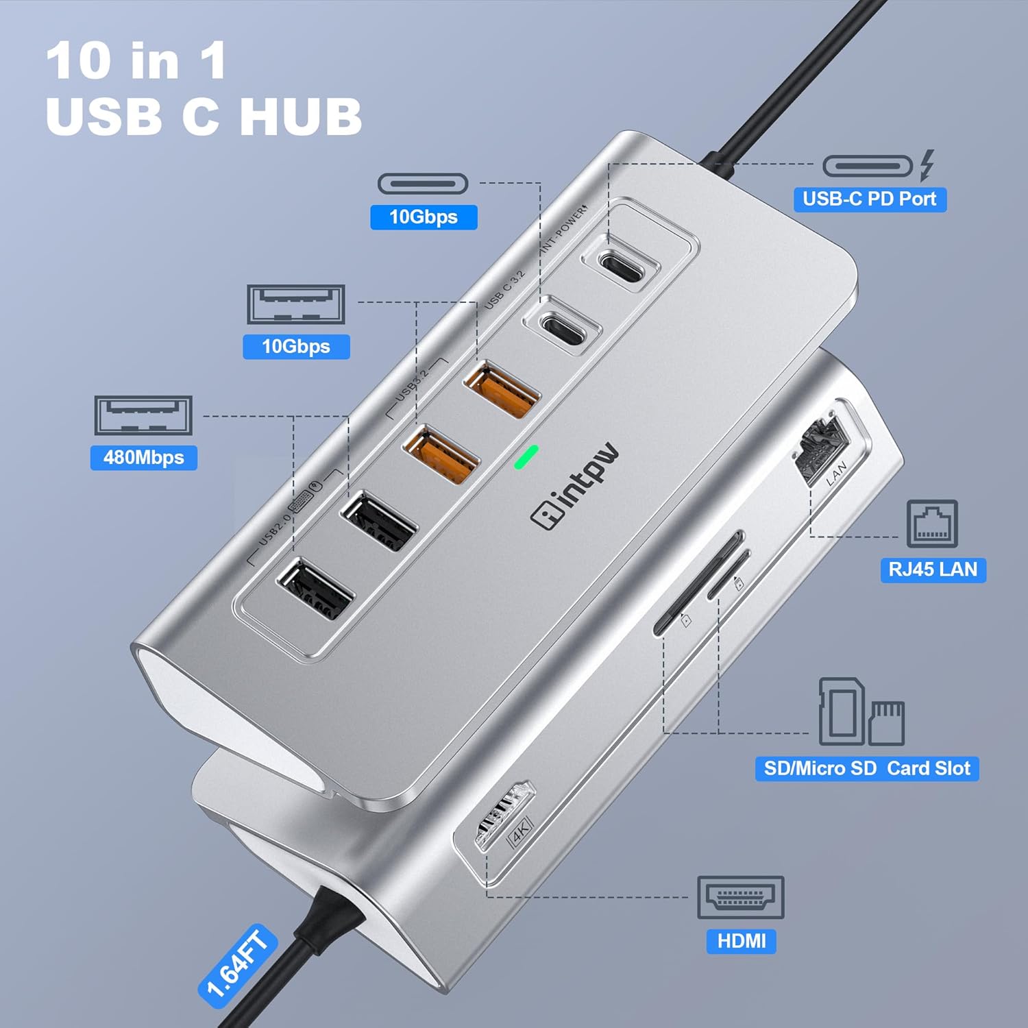 Thumbnail 1 de intpw P9R PRO 10-in-1 USB-C Hub with 4K@60Hz HDMI, 1Gbps Ethernet and PD 100W