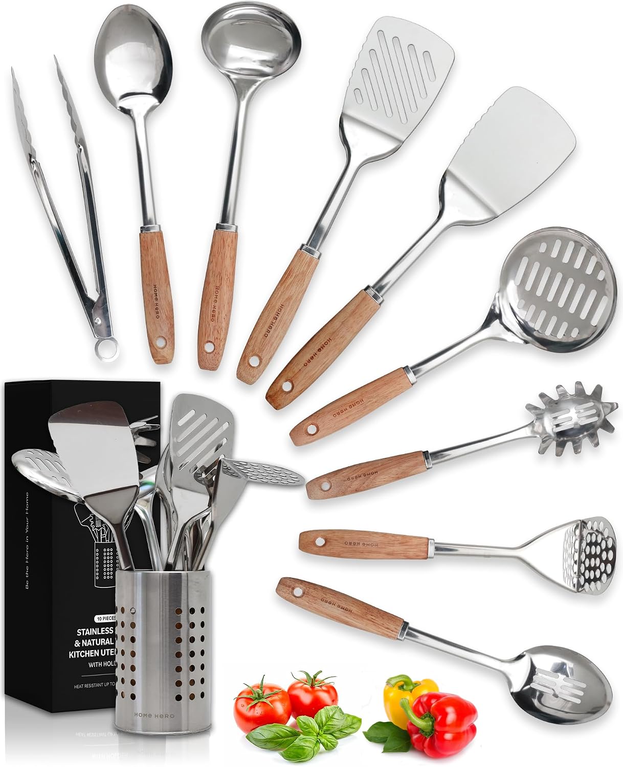 Detalle de Home Hero 10-Piece Stainless Steel Kitchen Utensils Set with Wood Handles (Silver & Wood)