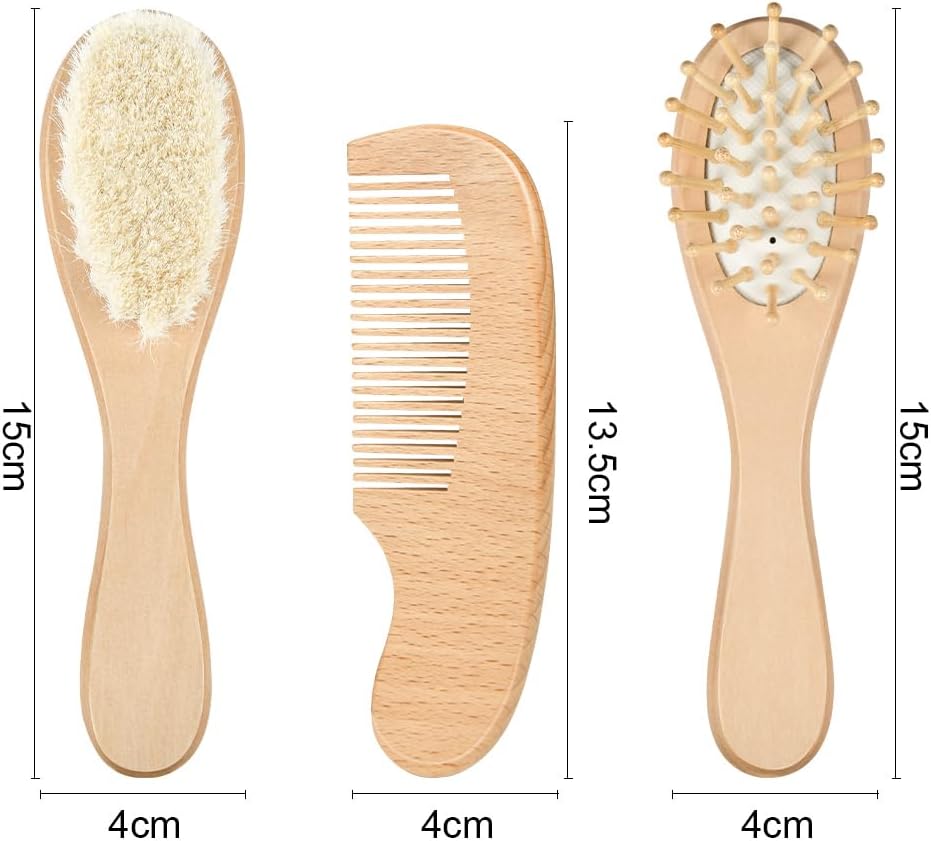 Detalle 2 de Aolso Brosse Cheveux Bébé – Lot 3 pcs, bois naturel et poils de chèvre doux