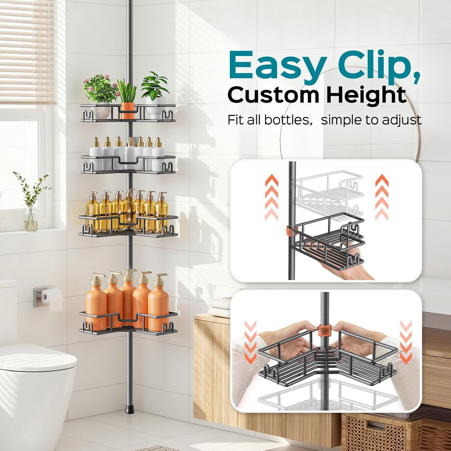 Detalle 2 de HAMITOR Shower Caddy Tension Pole Gray, 4-Tier Adjustable Storage