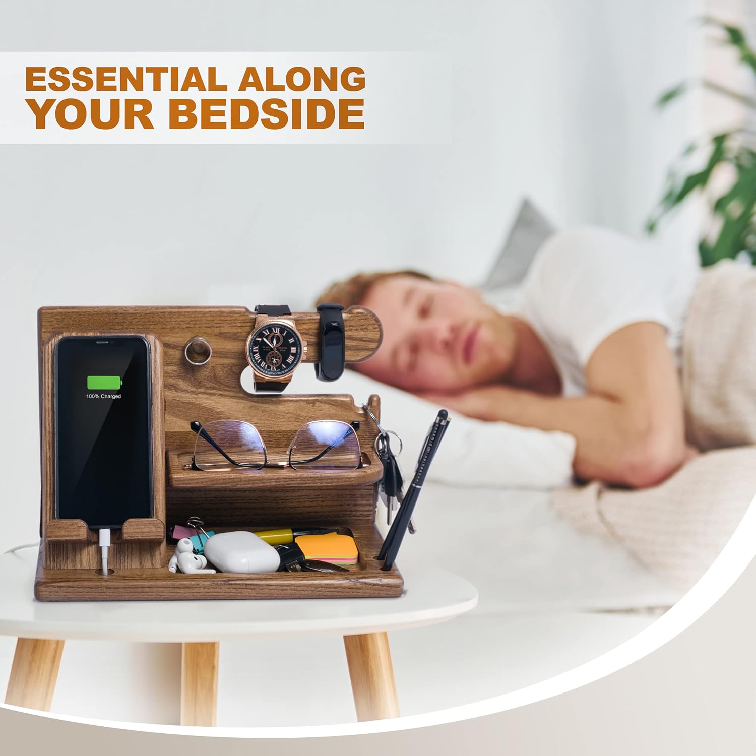 Detalle de Teslyar Gifts for Men Solid Ash Wood Phone Docking Station with Key Holder, Wallet & Watch Stand (Light Brown)