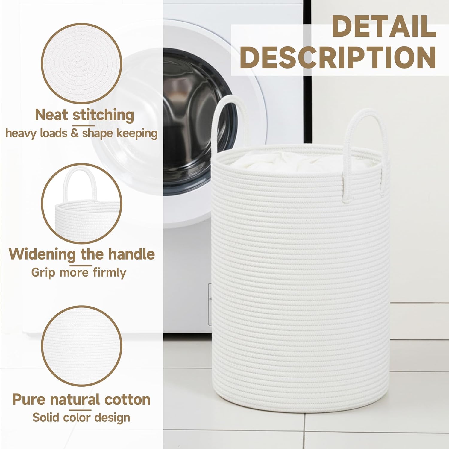 Thumbnail 3 de CLHMILY&Z Laundry Hamper Round Storage Rope Basket (White, 60L)