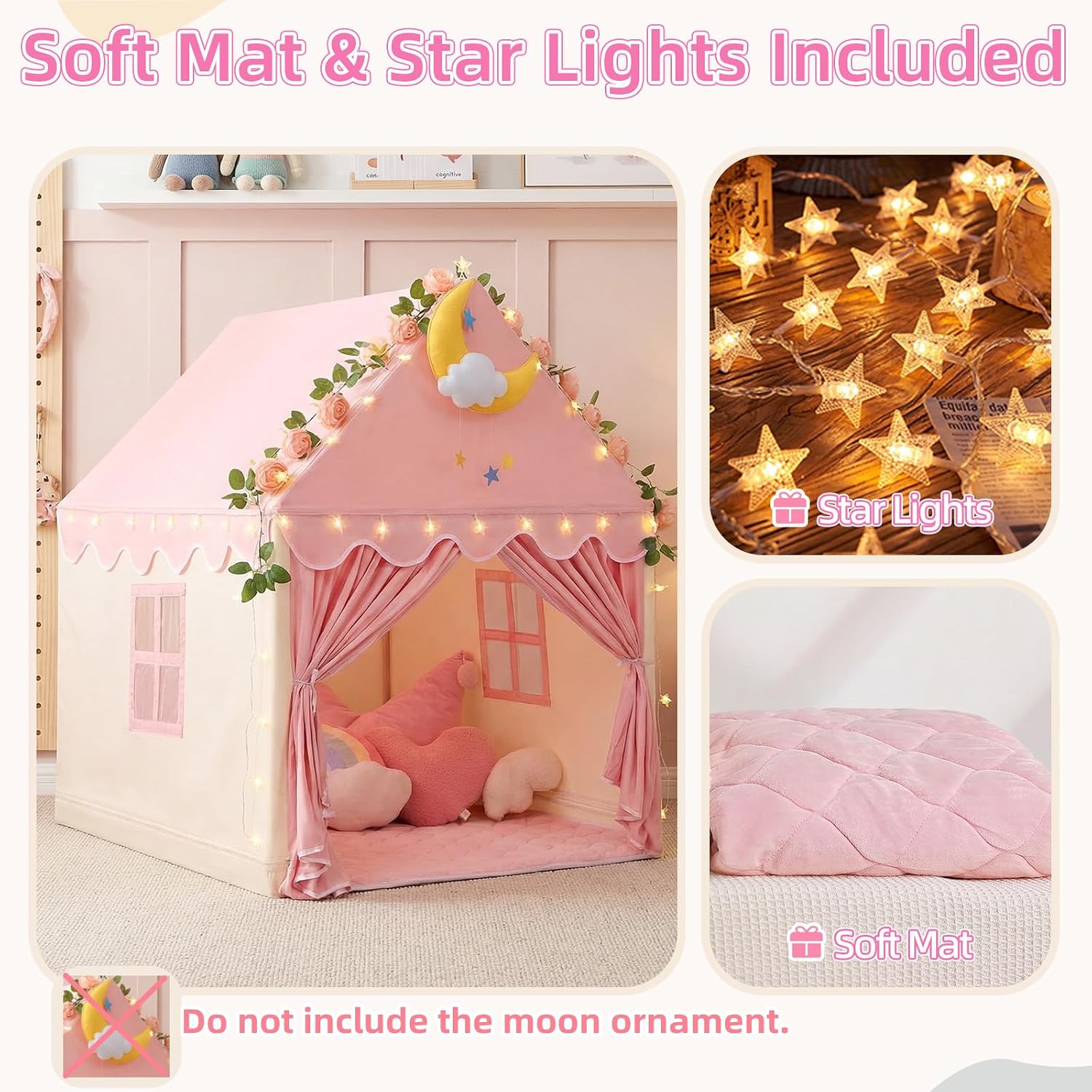 Detalle de GeeSound Kids Indoor Princess Tent with Star Lights and Mat (Pink)