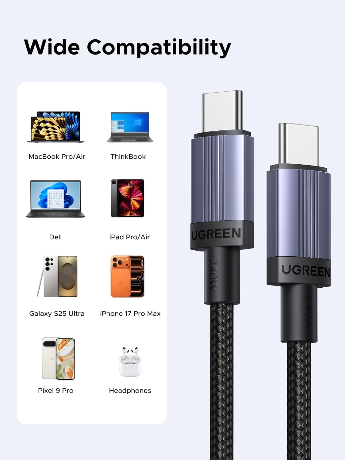 Detalle 1 de UGREEN 240W USB-C Cable 3-Pack, 6.6ft Nylon-Braided Fast-Charging Cords