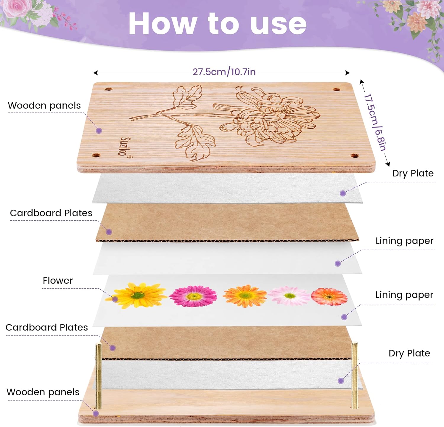 Thumbnail 3 de Suziko Großes Blumenpressen-Set (Blumen- und Pflanzenkonservierungs-Set) mit Blattpresse, 27,5 x 17,5 cm