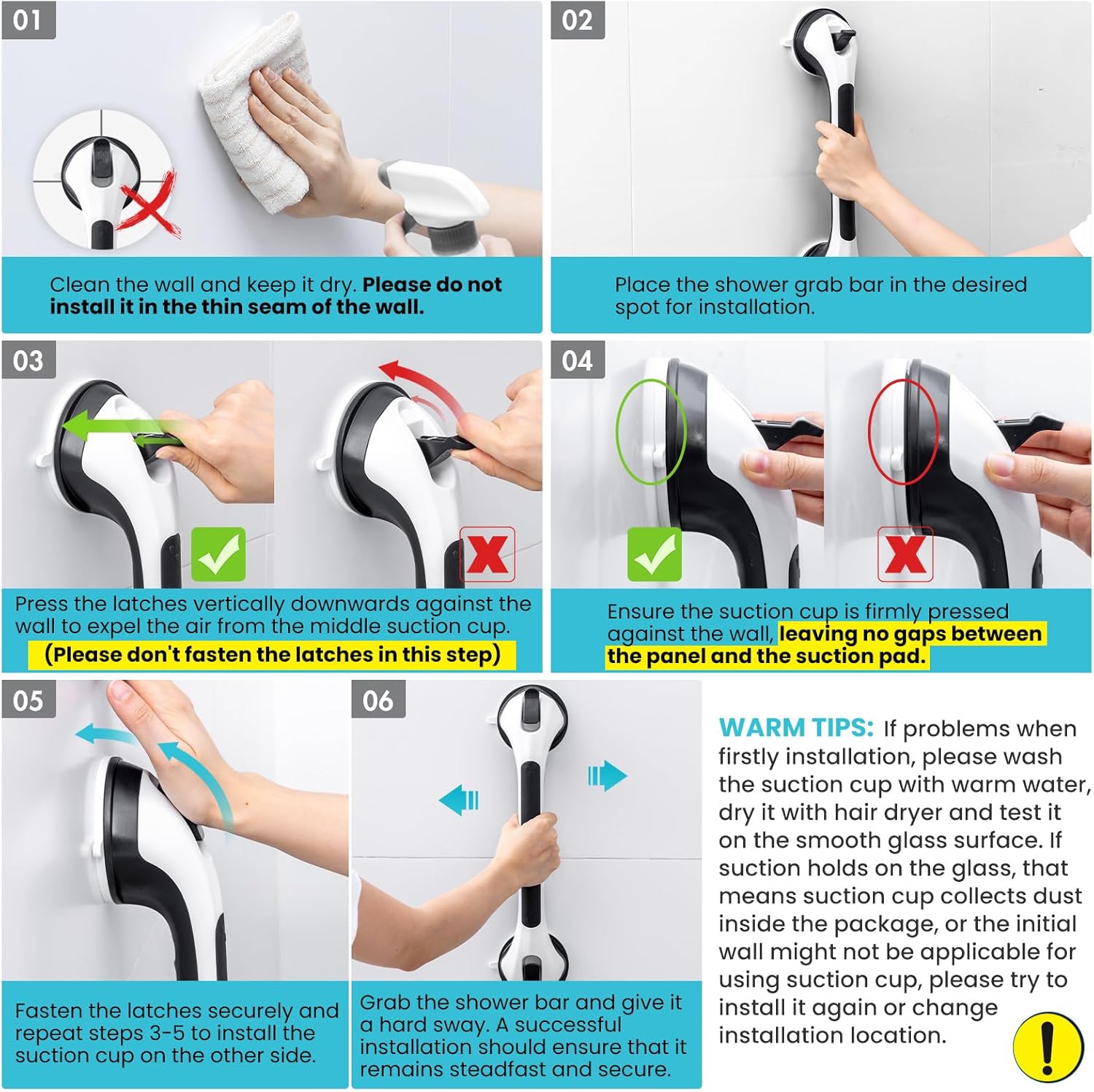 Thumbnail 5 de TAILI Haltegriff Dusche ohne Bohren (2er-Set), MAX 110 kg – Duschgriff mit Saugnapf, 43 cm, Schwarz