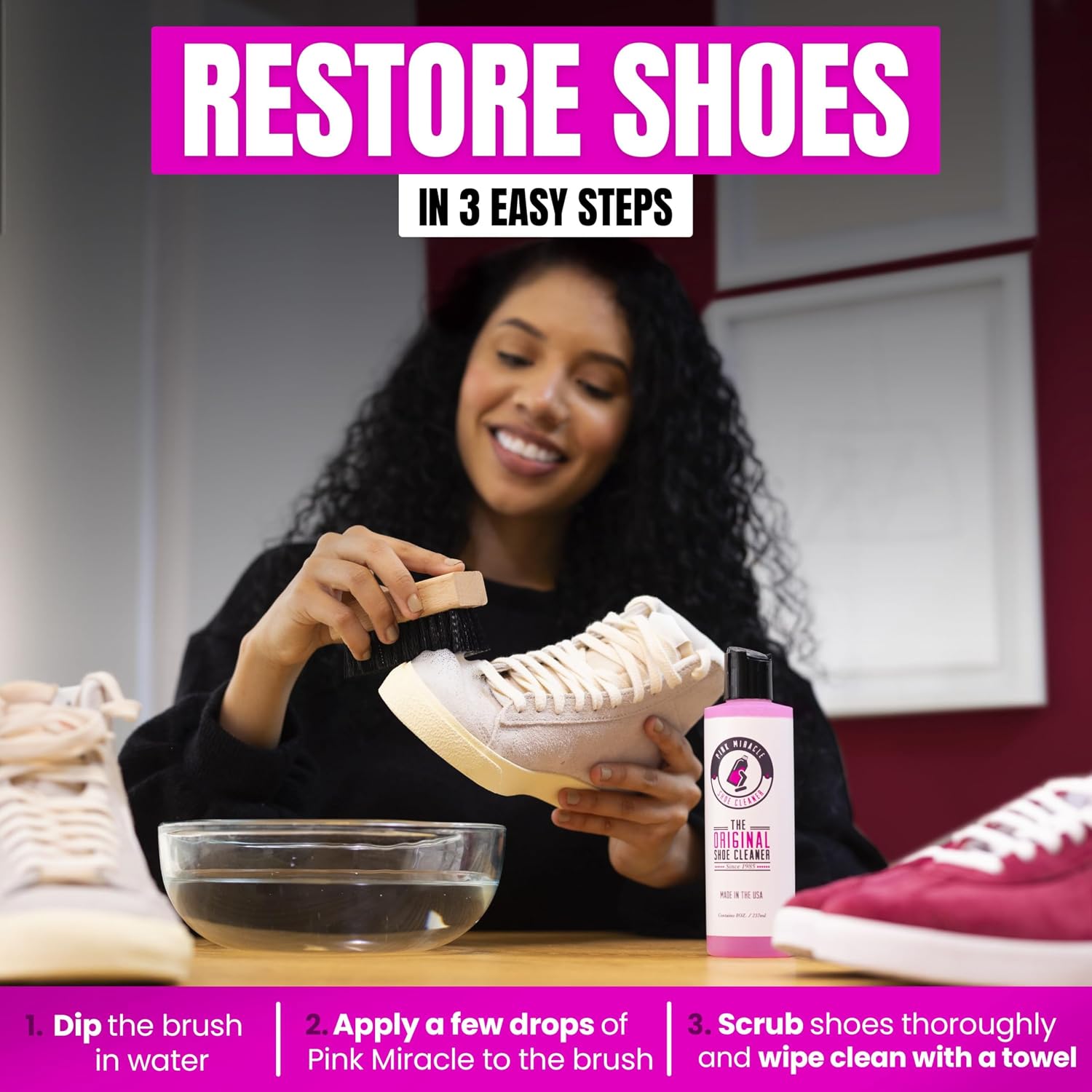 Detalle de Pink Miracle Shoe Cleaner Kit Bottle 8 Oz: All‑In‑One Cleaning & Conditioning for Sneakers