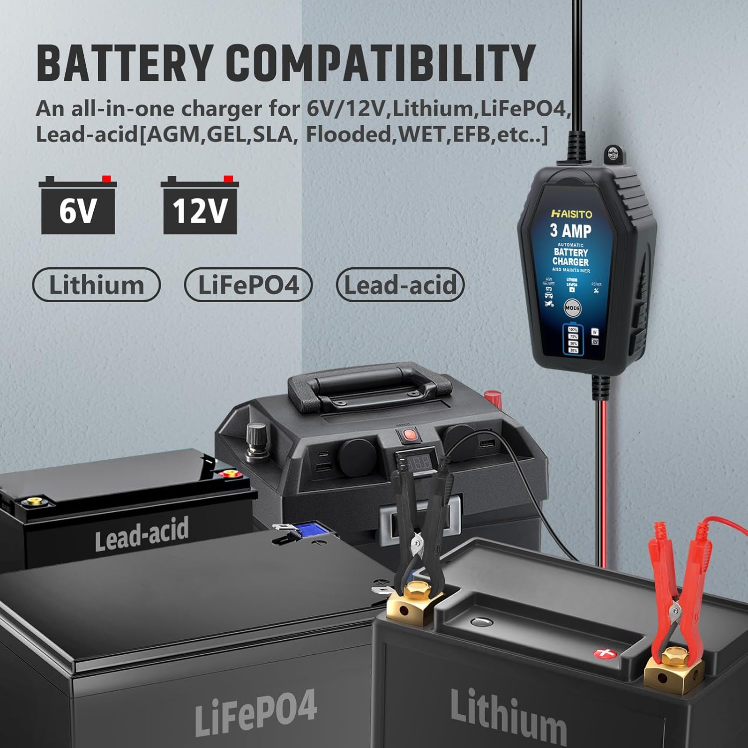 Detalle 2 de Haisito 3 AMP 6V/12V Smart Battery Charger with Automatic Maintainer