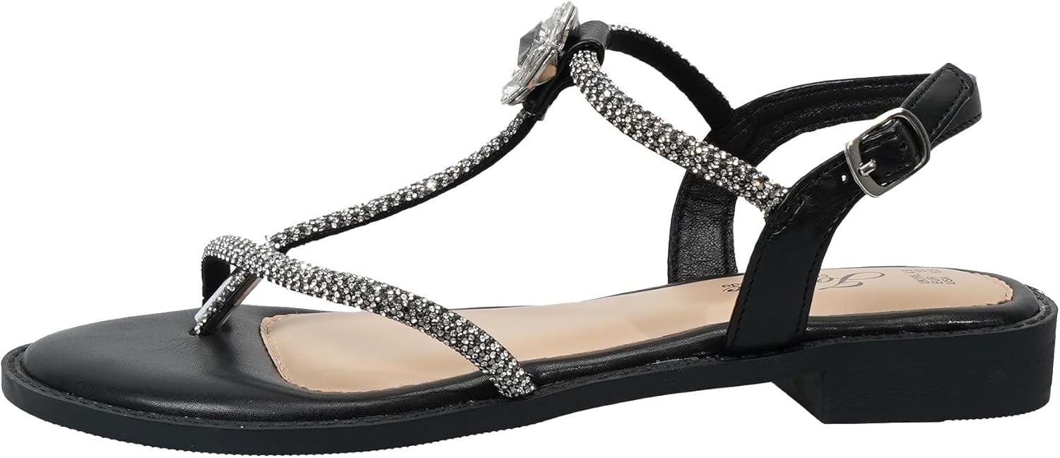 Detalle de JOMIX Sandali Donna Piatti con Strass e Fiore, Fibbia Regolabile, Tacco Basso Quadrato – Eleganza confortevole per estate